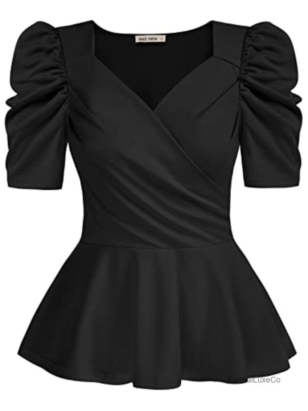 Puff Sleeve Wrap V-Neck Ruffle Hem Slim Fit Women's Summer Blouse Top